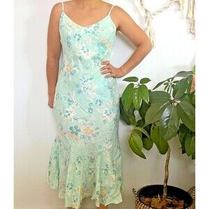 vtg y2k 90s bias slip dress cottagecore mermaid green floral ruffle Medium strap